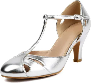 Elerhythm Women's Mary Jane Vintage T Strap Closed Round Toe Heels Retro 1950s Pumps 1920s Victorian Shoes