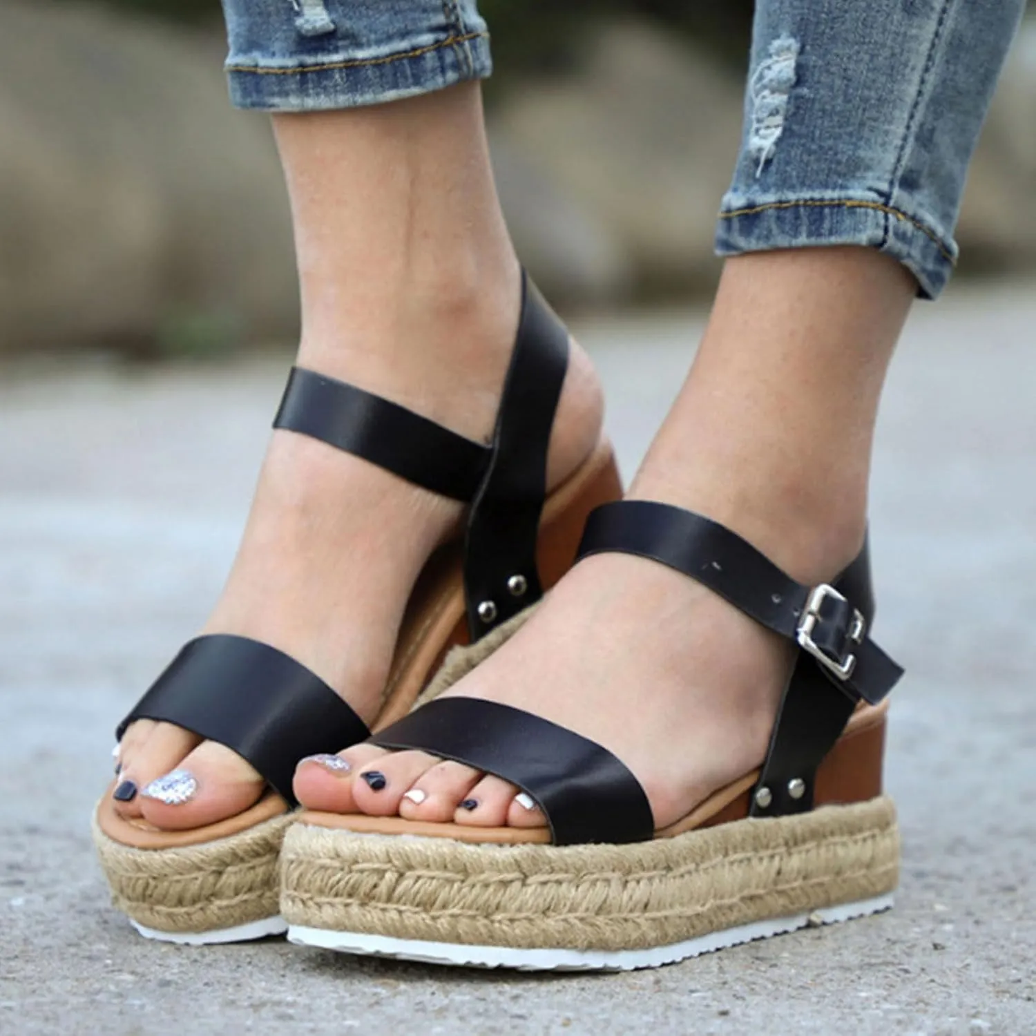 Espadrilles Wedges for Women Dressy Casual Open Toe Buckle Ankle Strap Espadrilles Flatform Wedge Sandals for Women Summer Beach Comfortable Walking Shoes