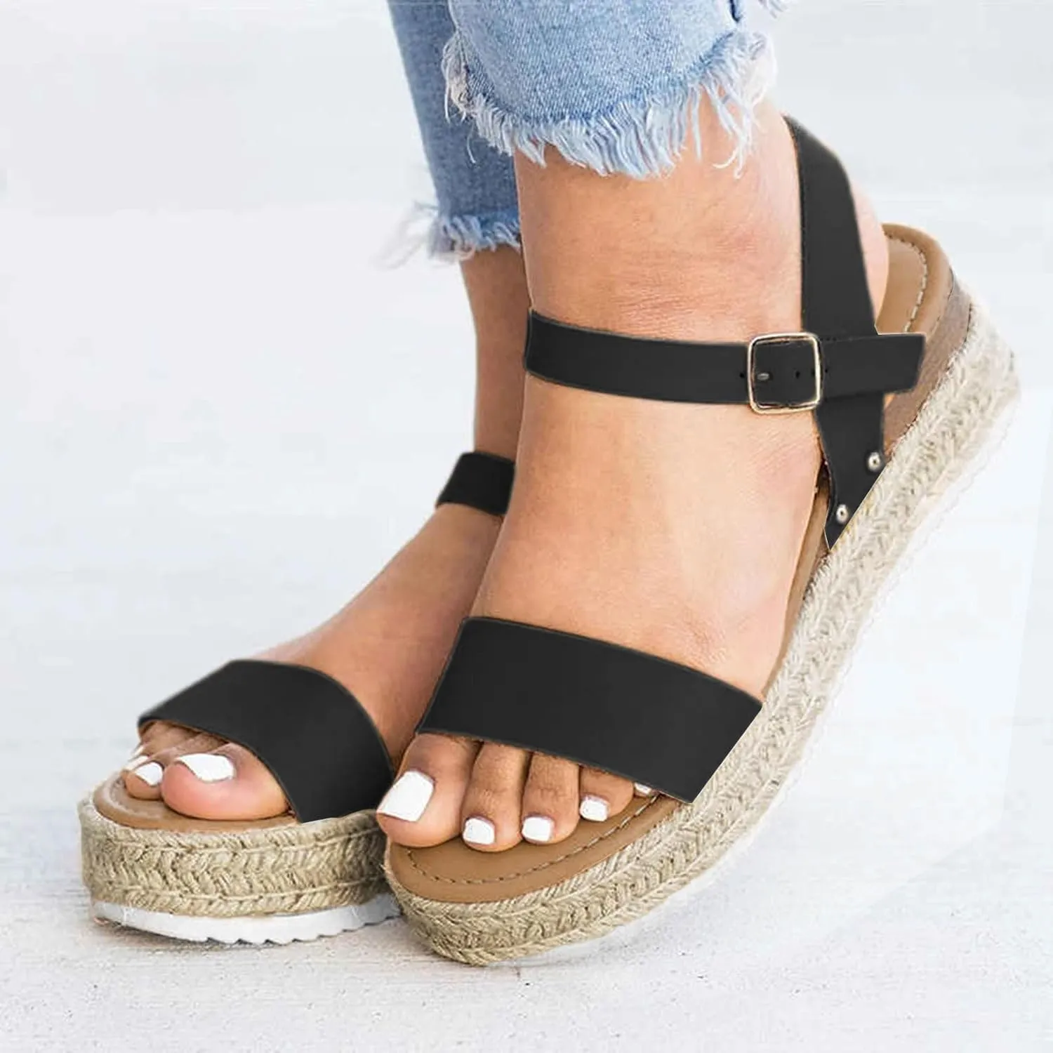 Espadrilles Wedges for Women Dressy Casual Open Toe Buckle Ankle Strap Espadrilles Flatform Wedge Sandals for Women Summer Beach Comfortable Walking Shoes