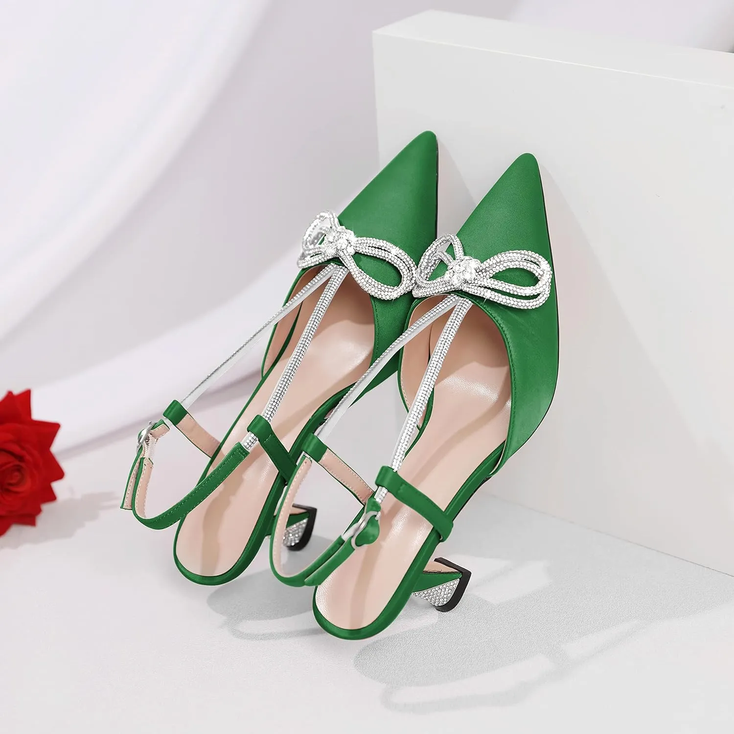Esvowido Women's Rhinestone Bow Heels Pointed Toe Kitten Low Heel Pumps Satin Shoes Adjustable Ankle Strap Slingback Heeled Wedding Bridal Evening Dress Shoes