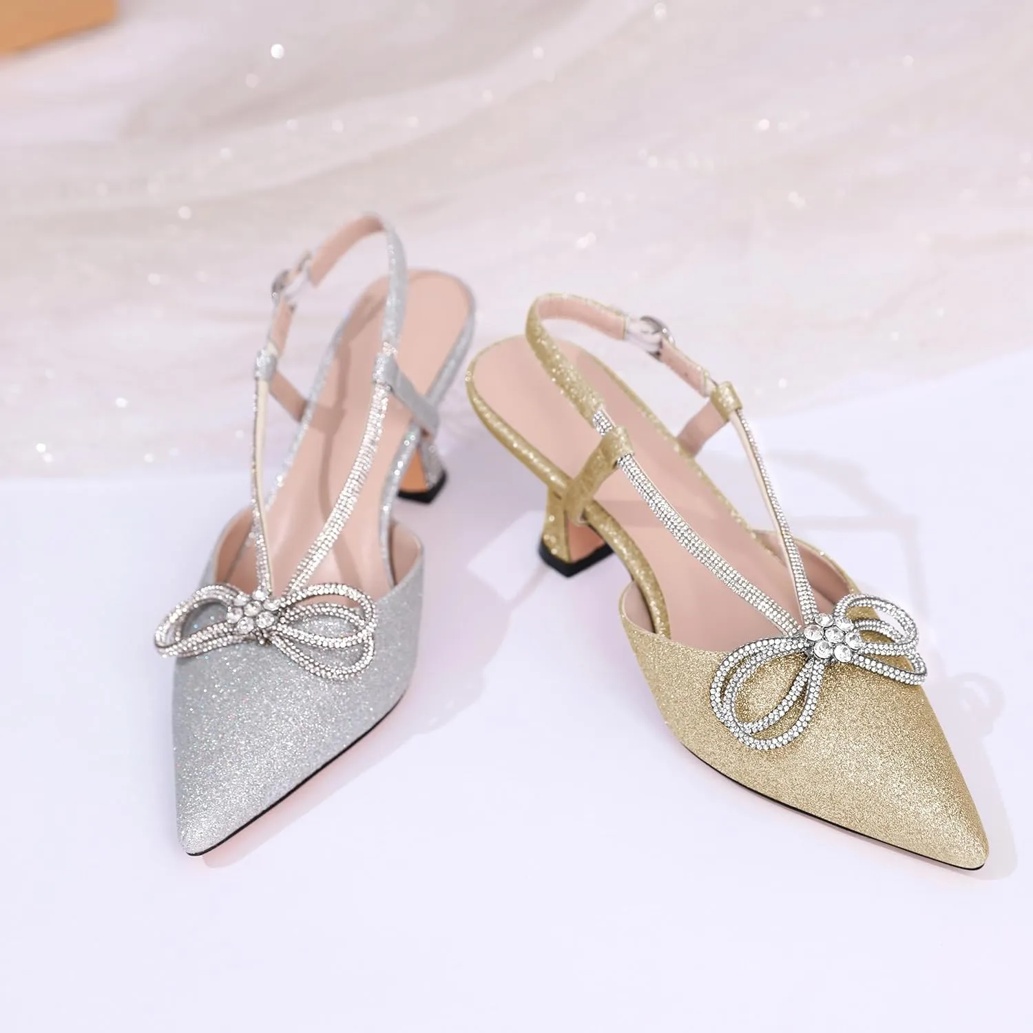 Esvowido Women's Rhinestone Bow Heels Pointed Toe Kitten Low Heel Pumps Satin Shoes Adjustable Ankle Strap Slingback Heeled Wedding Bridal Evening Dress Shoes