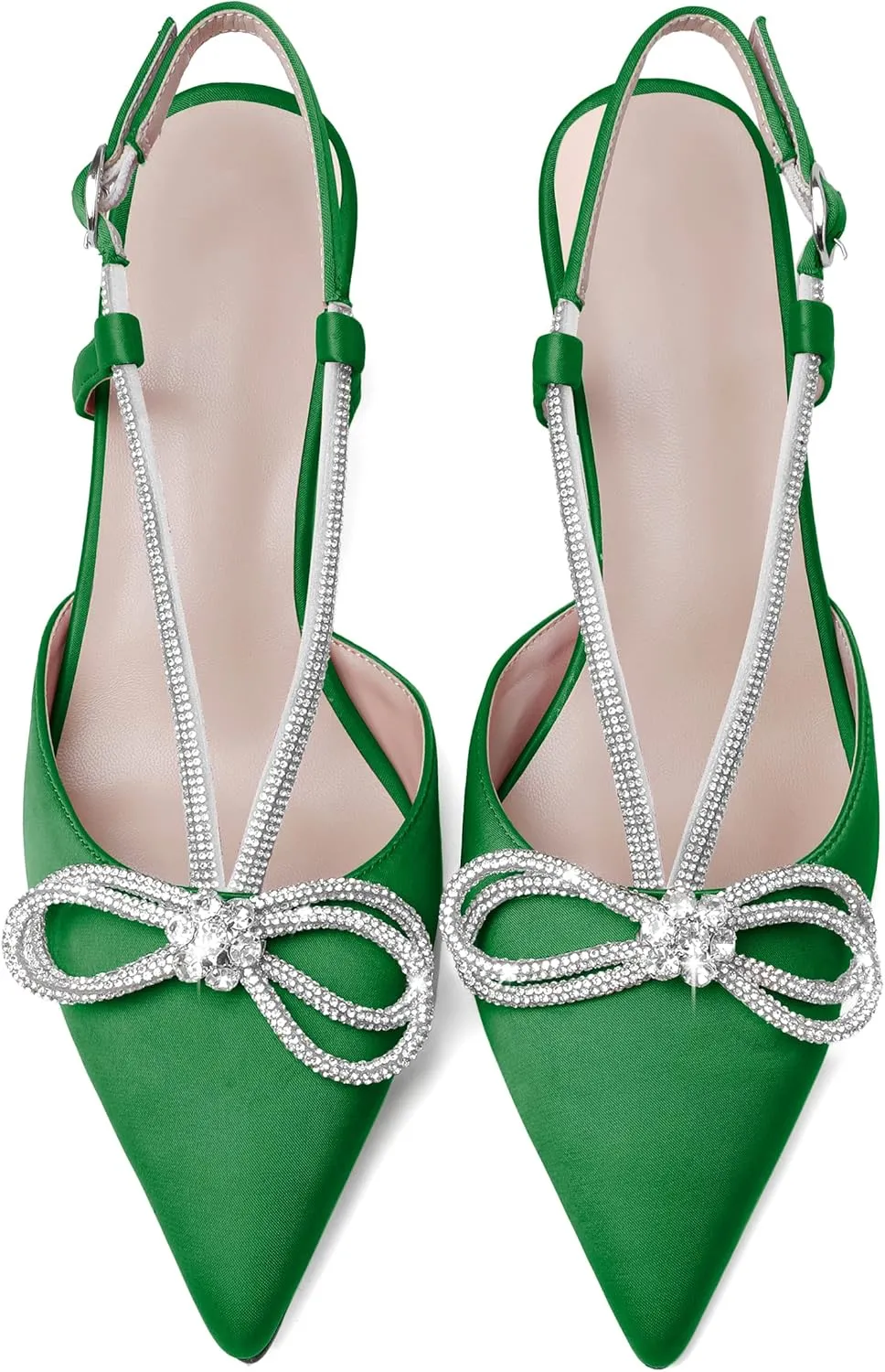 Esvowido Women's Rhinestone Bow Heels Pointed Toe Kitten Low Heel Pumps Satin Shoes Adjustable Ankle Strap Slingback Heeled Wedding Bridal Evening Dress Shoes