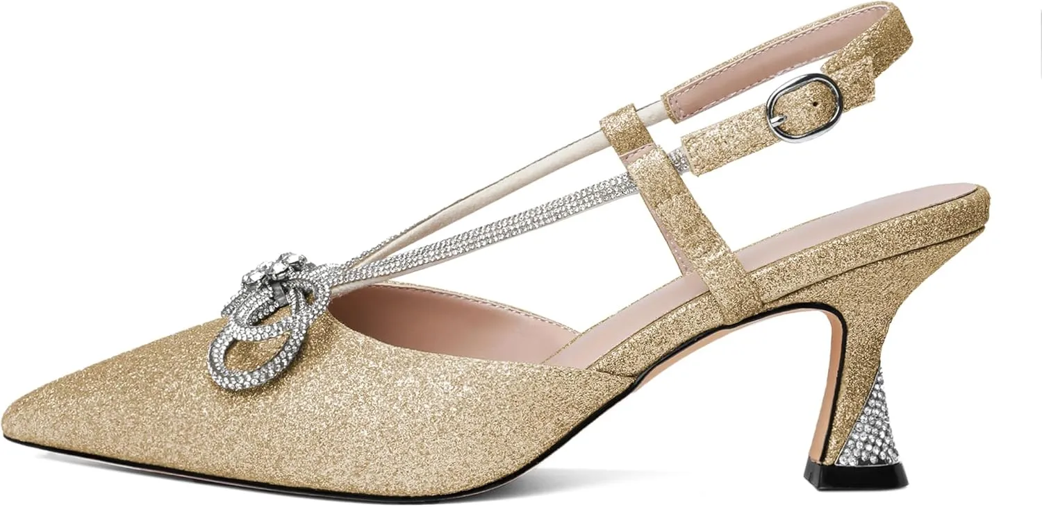 Esvowido Women's Rhinestone Bow Heels Pointed Toe Kitten Low Heel Pumps Satin Shoes Adjustable Ankle Strap Slingback Heeled Wedding Bridal Evening Dress Shoes