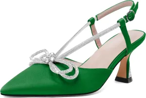 Esvowido Women's Rhinestone Bow Heels Pointed Toe Kitten Low Heel Pumps Satin Shoes Adjustable Ankle Strap Slingback Heeled Wedding Bridal Evening Dress Shoes