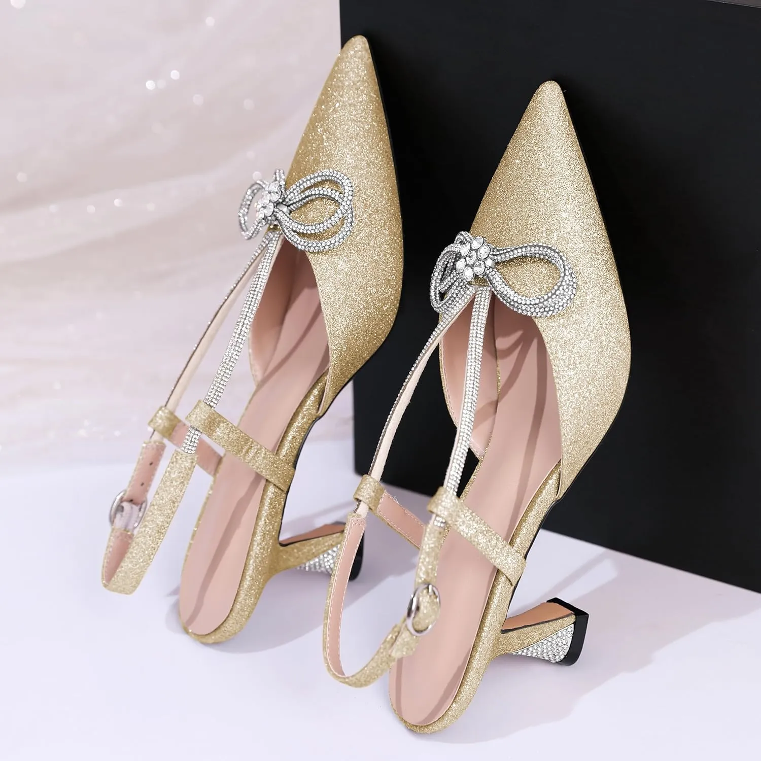 Esvowido Women's Rhinestone Bow Heels Pointed Toe Kitten Low Heel Pumps Satin Shoes Adjustable Ankle Strap Slingback Heeled Wedding Bridal Evening Dress Shoes