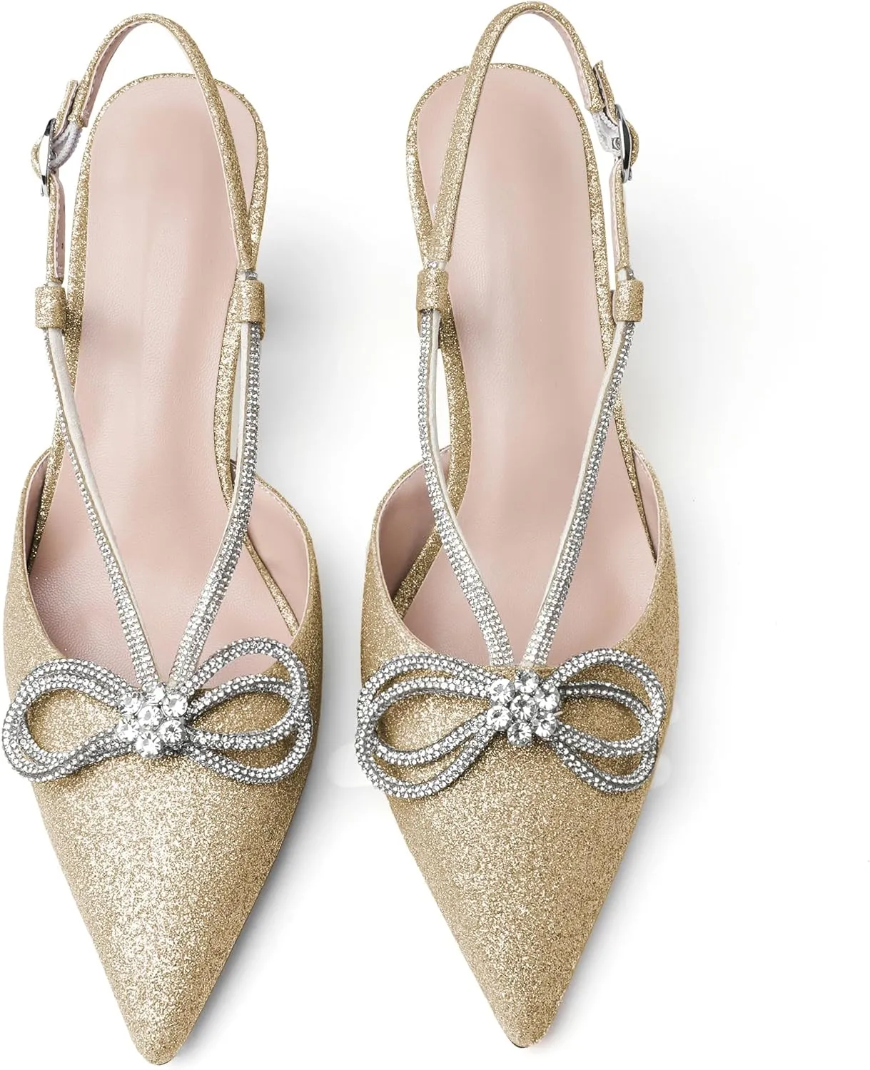 Esvowido Women's Rhinestone Bow Heels Pointed Toe Kitten Low Heel Pumps Satin Shoes Adjustable Ankle Strap Slingback Heeled Wedding Bridal Evening Dress Shoes