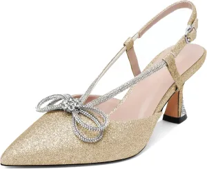 Esvowido Women's Rhinestone Bow Heels Pointed Toe Kitten Low Heel Pumps Satin Shoes Adjustable Ankle Strap Slingback Heeled Wedding Bridal Evening Dress Shoes