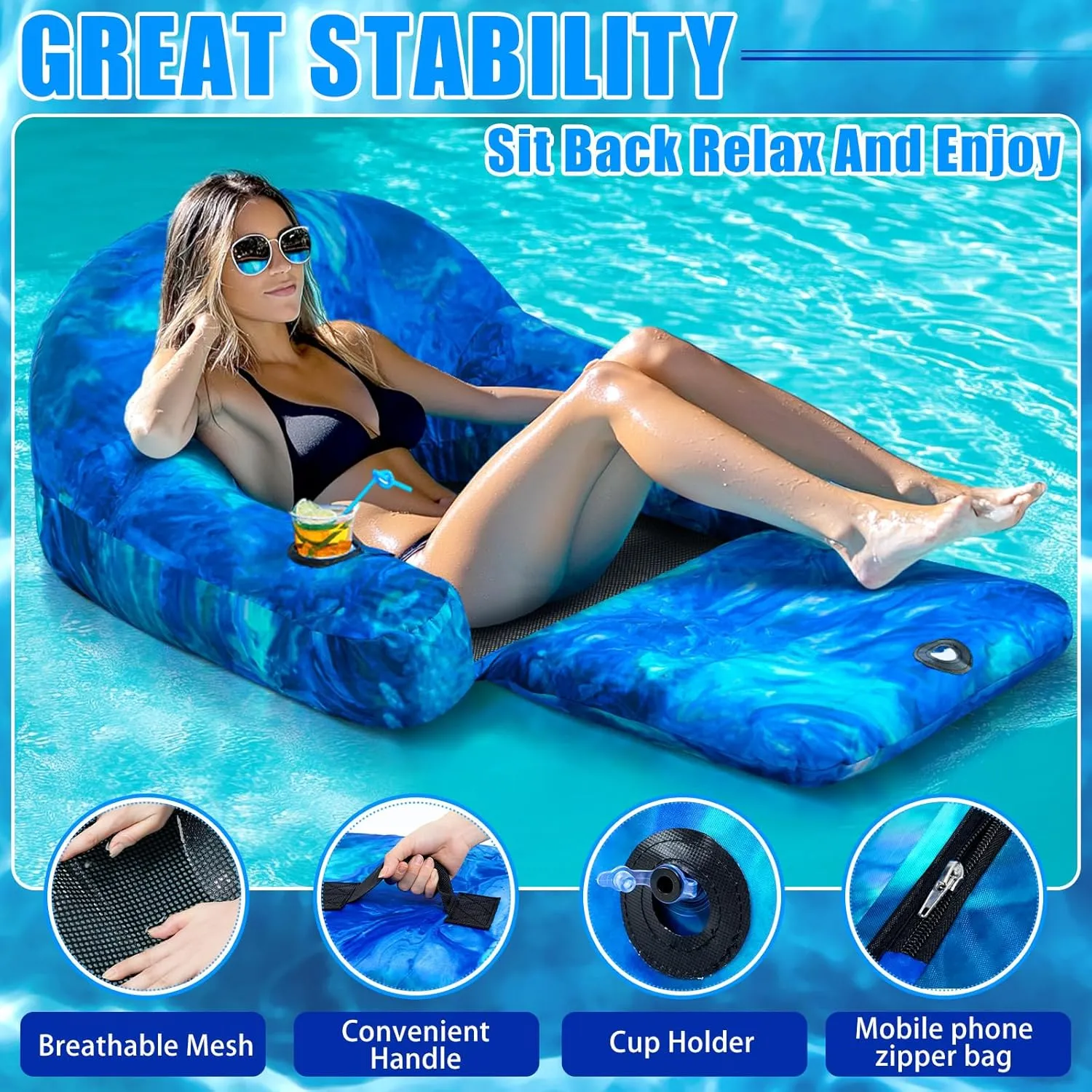 Fabric Covered Pool Float Lounge for Adults 2 in 1 Convertible Chair Lounger Large Inflatable Pool Rafts Heavy Duty Float Mattress with Quick Dry Cover, Electric Air Pump