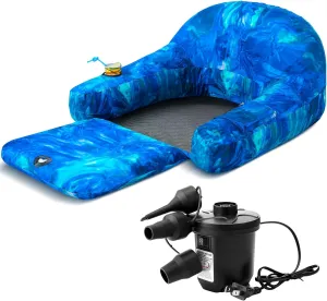 Fabric Covered Pool Float Lounge for Adults 2 in 1 Convertible Chair Lounger Large Inflatable Pool Rafts Heavy Duty Float Mattress with Quick Dry Cover, Electric Air Pump