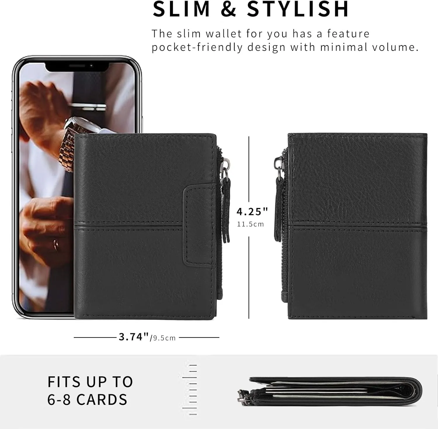 FALAN MULE Genuine Leather Wallet for Men Slim Bifold Rfid Blocking Men Wallet with ID Window Zip Coin Pocket