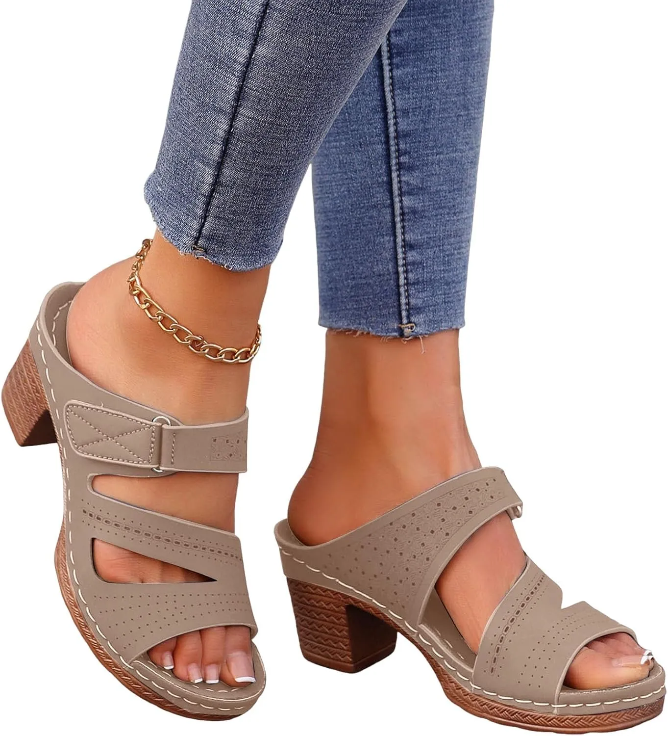 Fashion Low Heel Sandals for Women Strappy Buckle Heeled Sandal with Chunk Heel Low Block Chunky Banquet Shoes