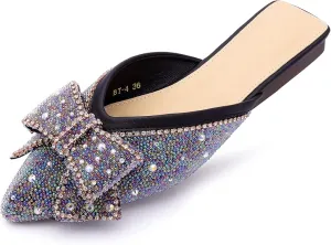 Fashion Toe Slip Pointed Weather-resistant QXCGDYXT BackLess Mules Shoes On Embellished Shipping guarantee Black
