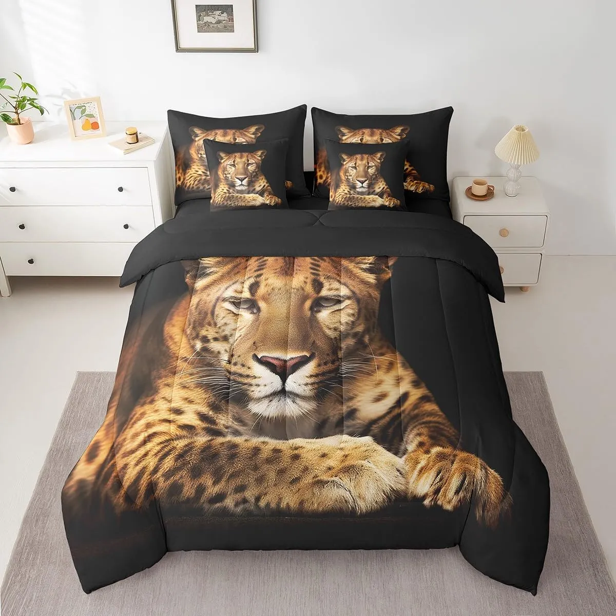 Feelyou Cougar Bed in a Bag Safari Lion Bedding Set for Kids Boys Girls Teens Decor Wild Animal Comforter Set Full Size 7 Pieces Luxury Bed Set with Sheets with Sheets Black Boys