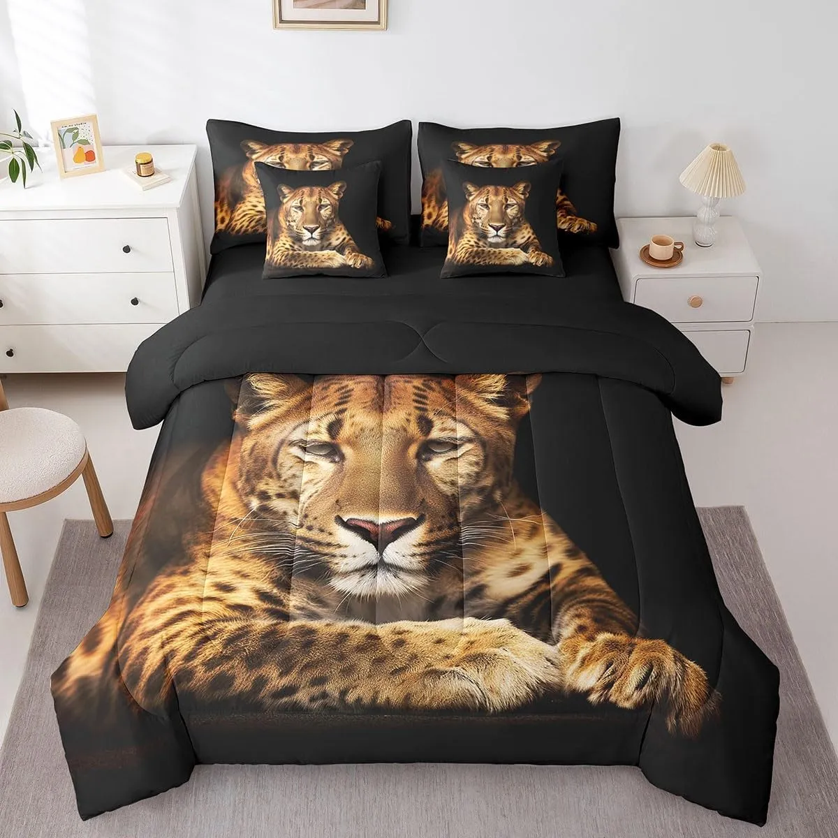 Feelyou Cougar Bed in a Bag Safari Lion Bedding Set for Kids Boys Girls Teens Decor Wild Animal Comforter Set Full Size 7 Pieces Luxury Bed Set with Sheets with Sheets Black Boys