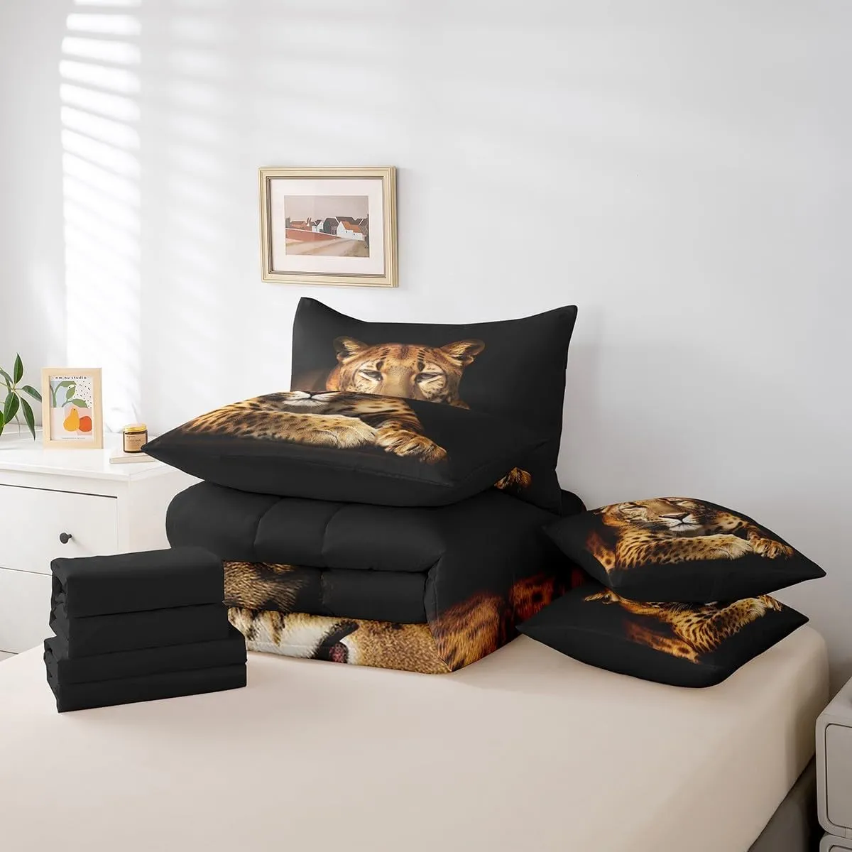 Feelyou Cougar Bed in a Bag Safari Lion Bedding Set for Kids Boys Girls Teens Decor Wild Animal Comforter Set Full Size 7 Pieces Luxury Bed Set with Sheets with Sheets Black Boys