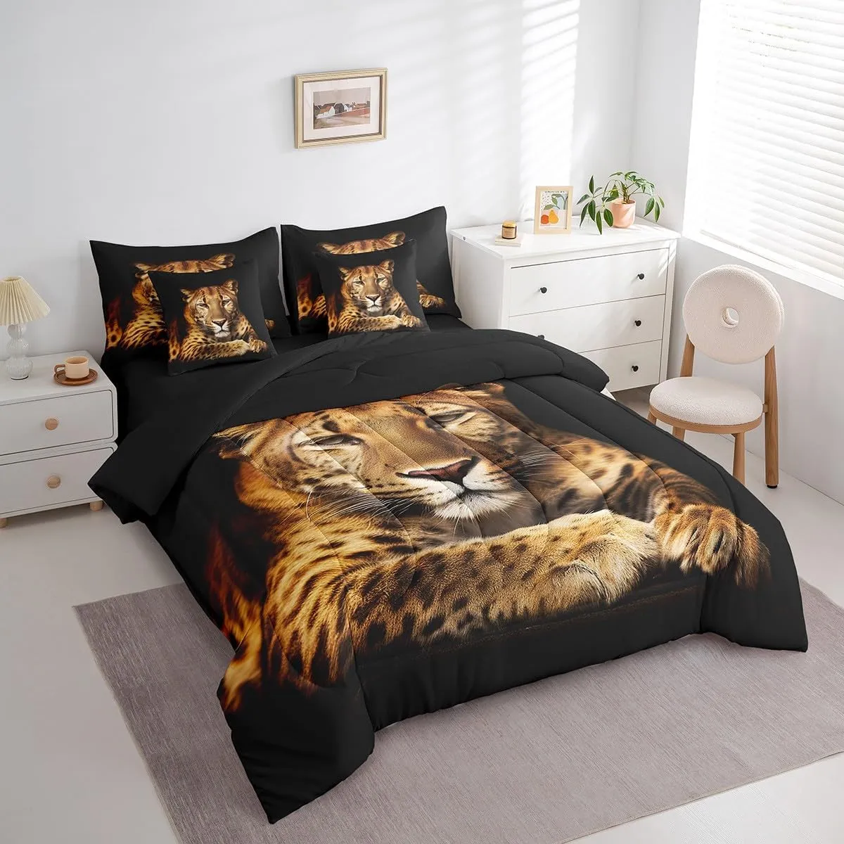 Feelyou Cougar Bed in a Bag Safari Lion Bedding Set for Kids Boys Girls Teens Decor Wild Animal Comforter Set Full Size 7 Pieces Luxury Bed Set with Sheets with Sheets Black Boys