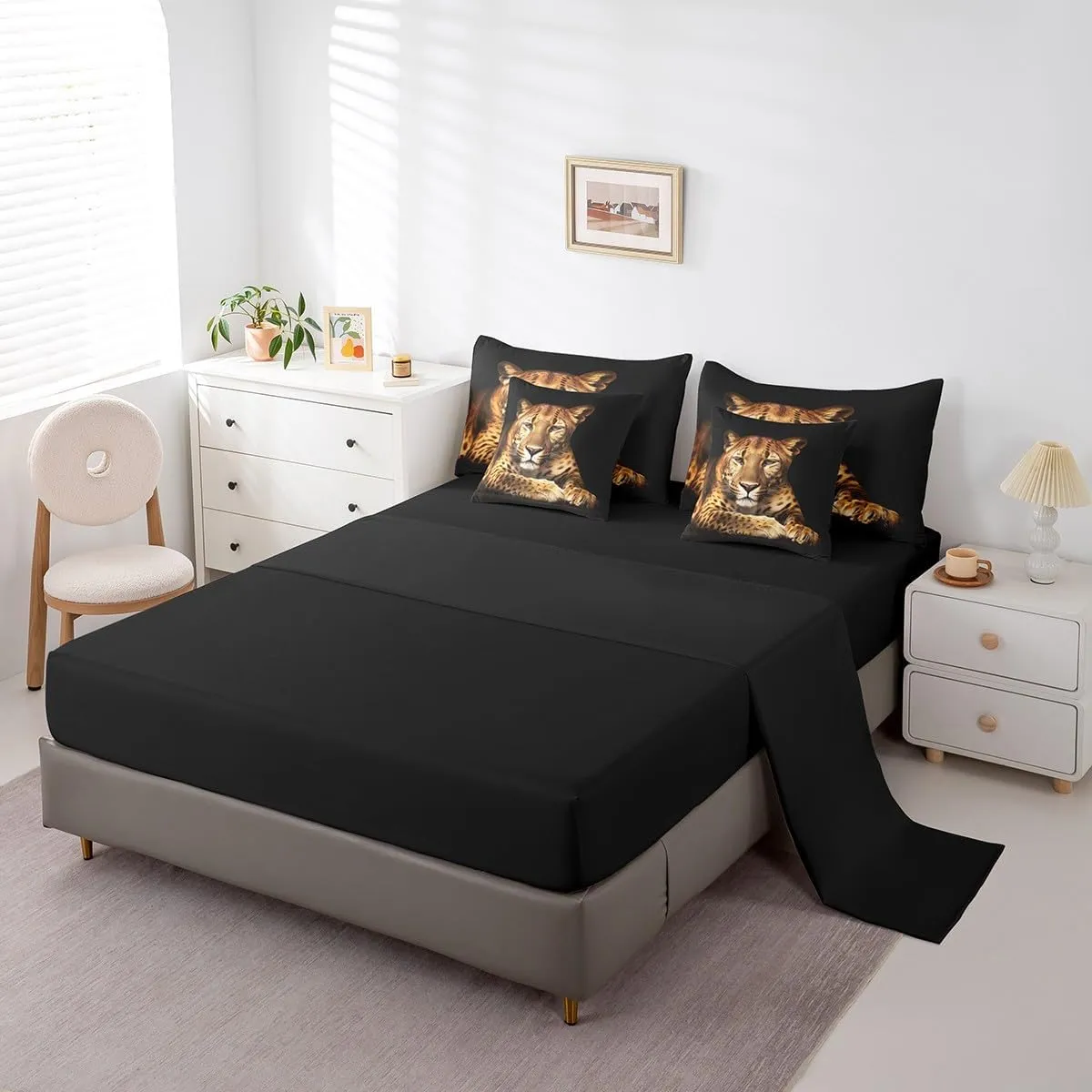 Feelyou Cougar Bed in a Bag Safari Lion Bedding Set for Kids Boys Girls Teens Decor Wild Animal Comforter Set Full Size 7 Pieces Luxury Bed Set with Sheets with Sheets Black Boys
