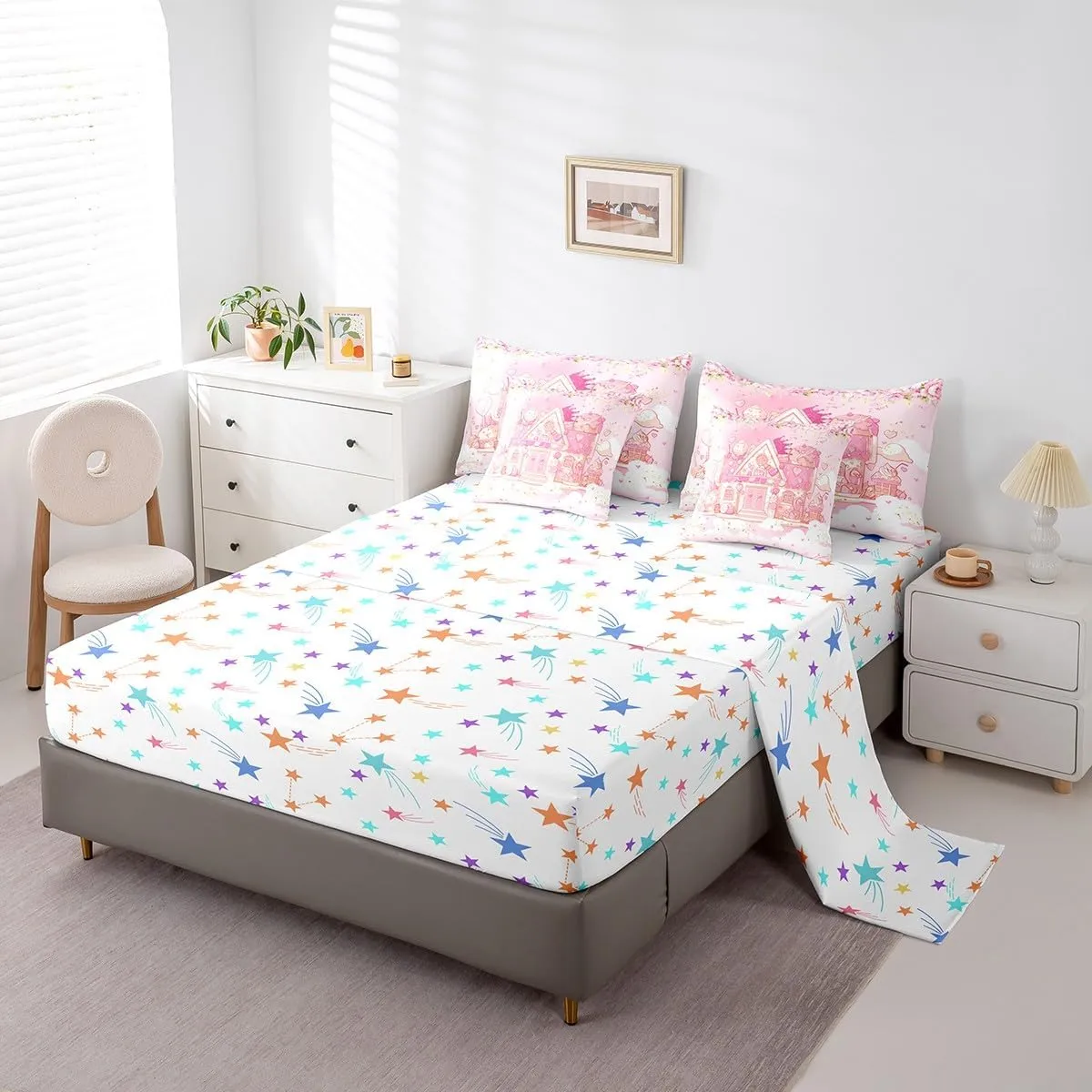 Feelyou Cute Sweet Castle 7 Piece Bedding Set King Size Pink Dessert Hut Comforter Set with Sheets for Kids Girls Crown Bed in a Bag Rose Flower Bed Set