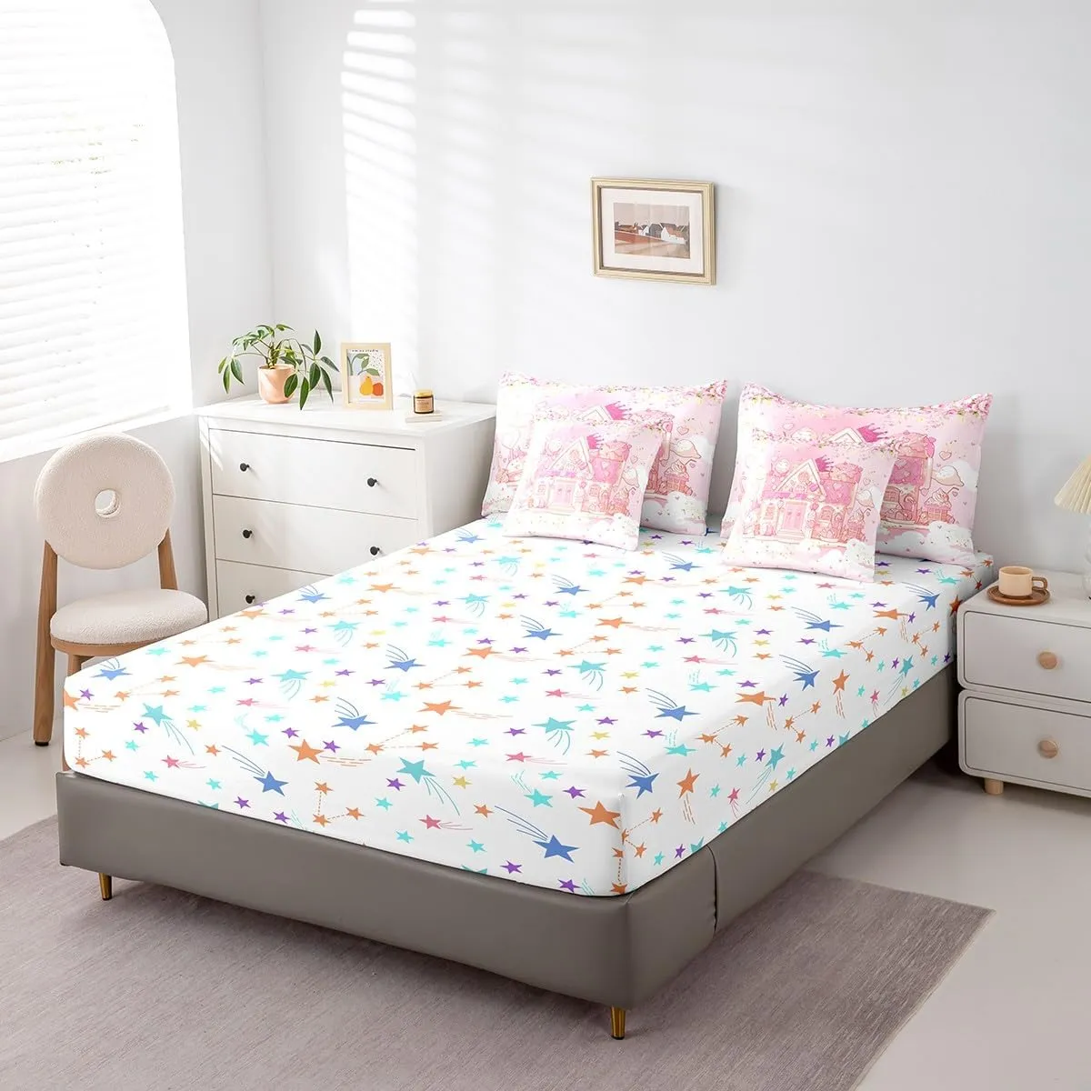 Feelyou Cute Sweet Castle 7 Piece Bedding Set King Size Pink Dessert Hut Comforter Set with Sheets for Kids Girls Crown Bed in a Bag Rose Flower Bed Set