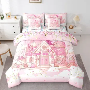 Feelyou Cute Sweet Castle 7 Piece Bedding Set King Size Pink Dessert Hut Comforter Set with Sheets for Kids Girls Crown Bed in a Bag Rose Flower Bed Set