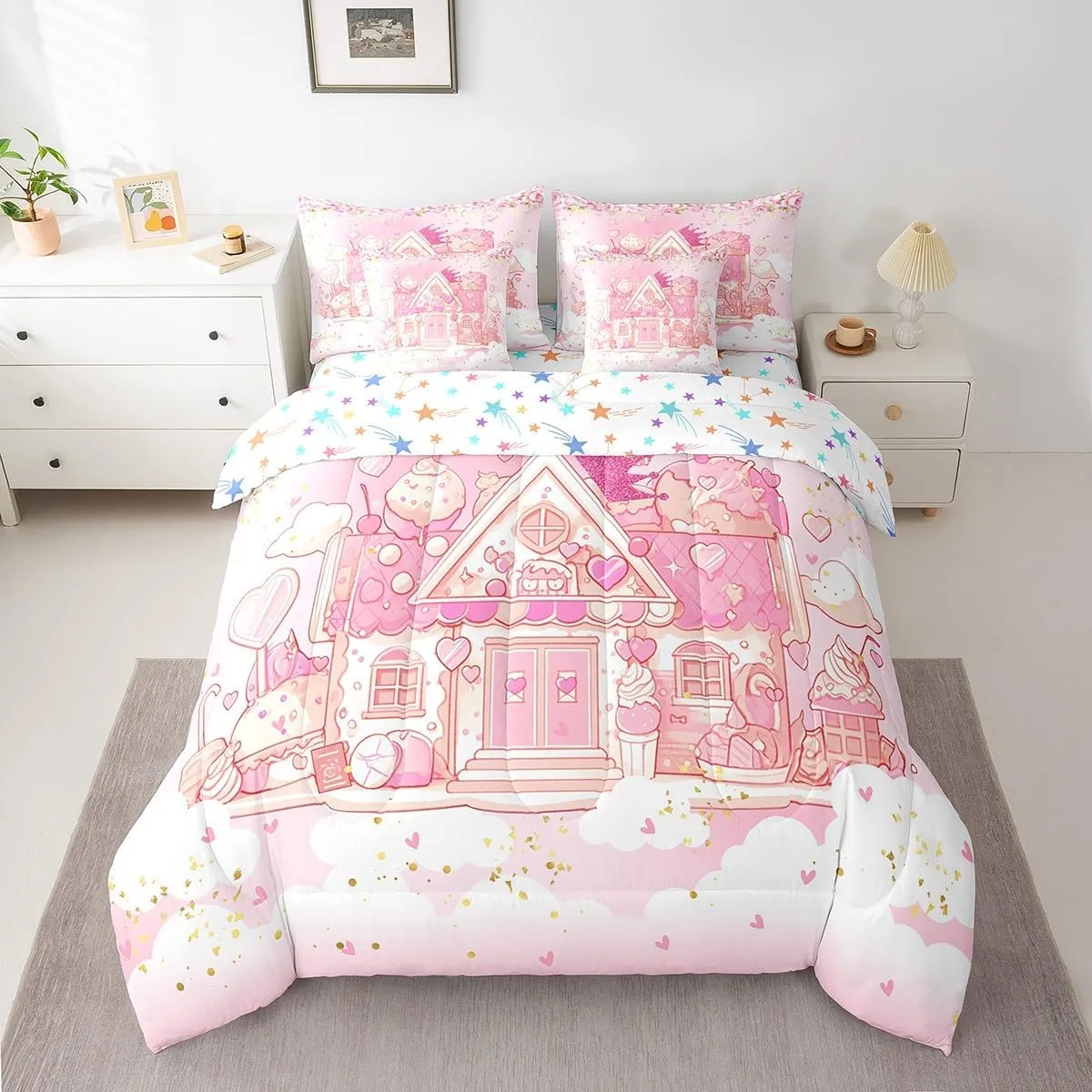 Feelyou Cute Sweet Castle 7 Piece Bedding Set King Size Pink Dessert Hut Comforter Set with Sheets for Kids Girls Crown Bed in a Bag Rose Flower Bed Set
