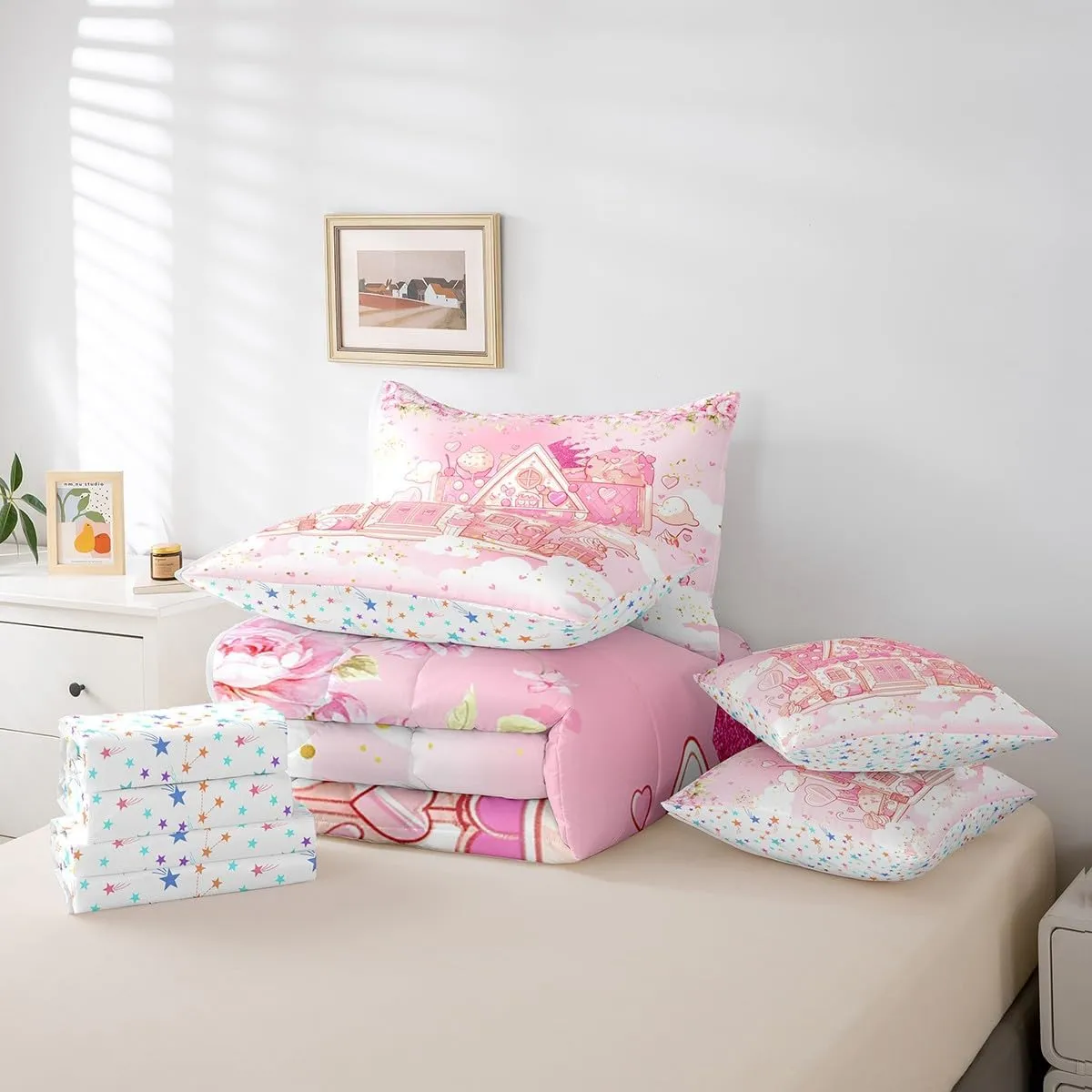 Feelyou Cute Sweet Castle 7 Piece Bedding Set King Size Pink Dessert Hut Comforter Set with Sheets for Kids Girls Crown Bed in a Bag Rose Flower Bed Set