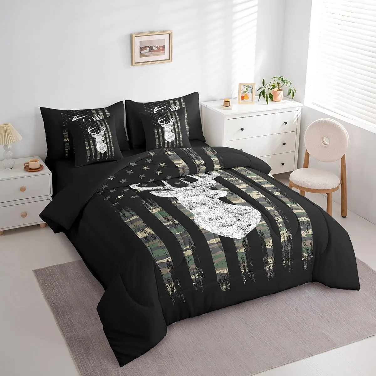 Feelyou Deer King Comforter Set with Sheets 7 Piece American Flag Bedding Set Deer Hunting Camouflage Style Bed in a Bag