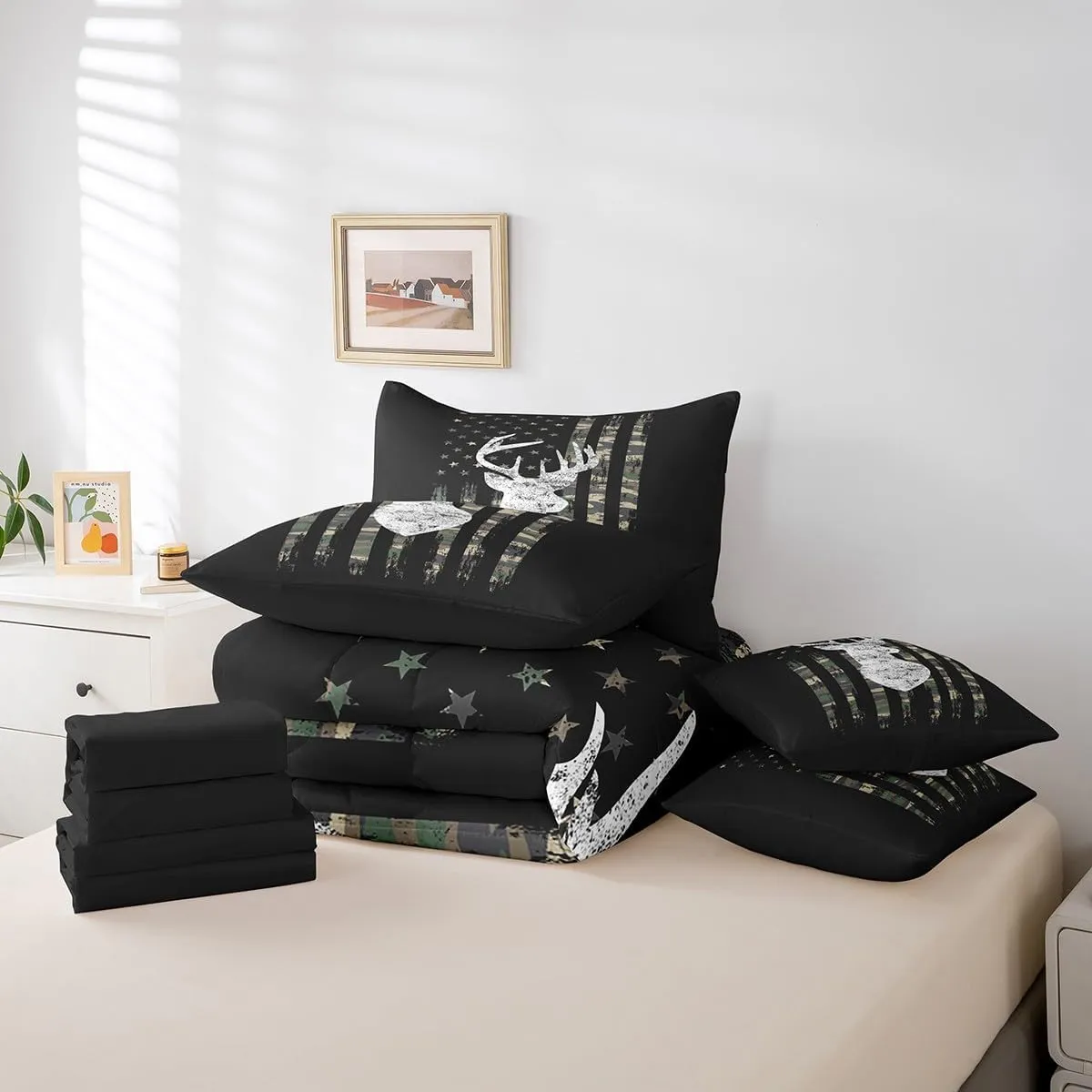 Feelyou Deer King Comforter Set with Sheets 7 Piece American Flag Bedding Set Deer Hunting Camouflage Style Bed in a Bag