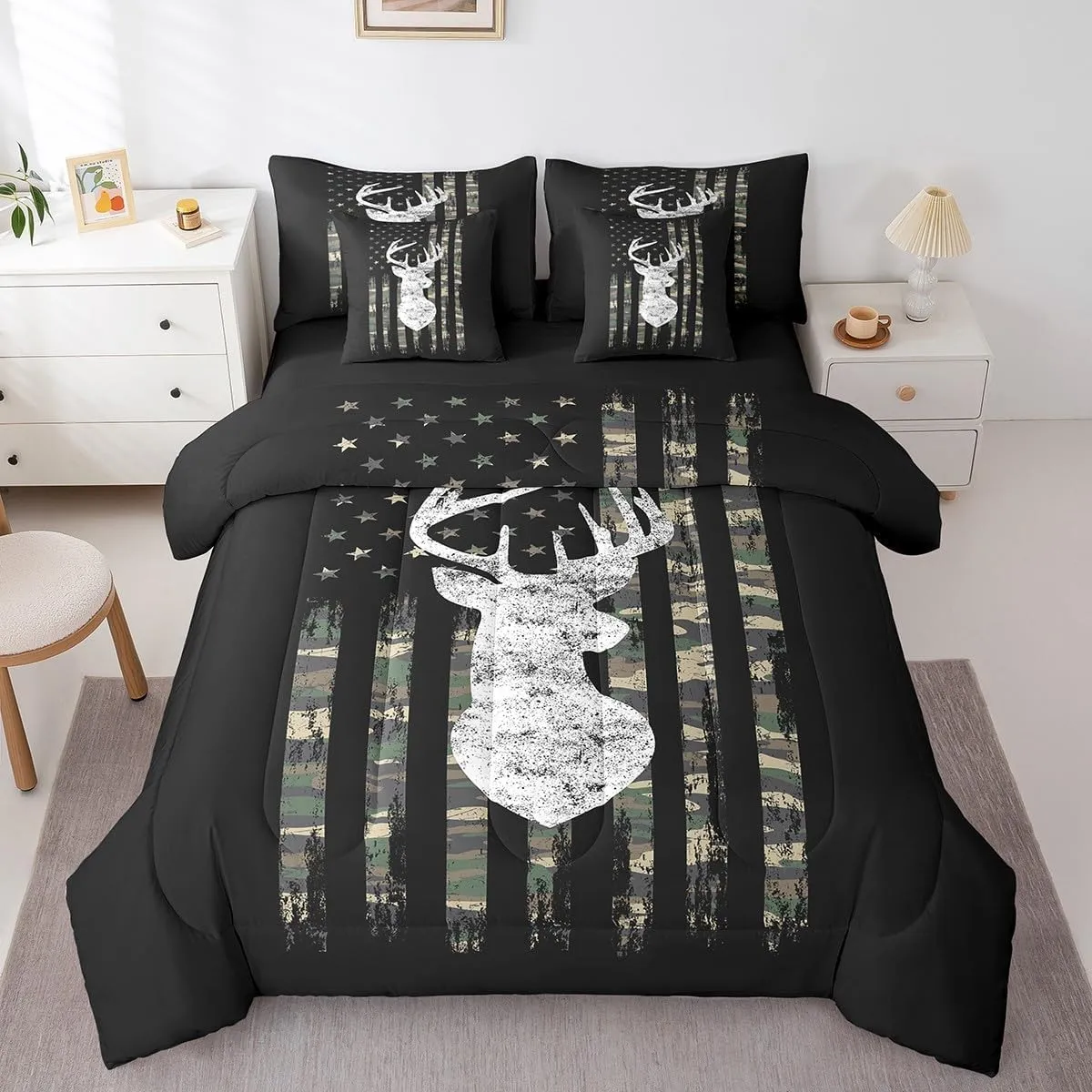 Feelyou Deer King Comforter Set with Sheets 7 Piece American Flag Bedding Set Deer Hunting Camouflage Style Bed in a Bag