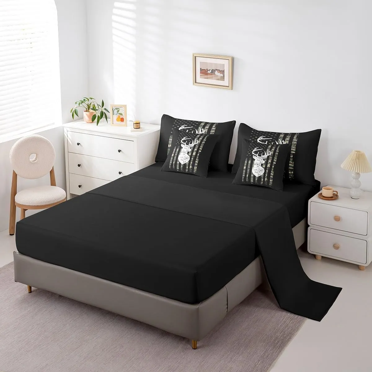 Feelyou Deer King Comforter Set with Sheets 7 Piece American Flag Bedding Set Deer Hunting Camouflage Style Bed in a Bag