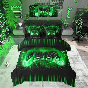 Feelyou Kids Gamer Full 7 Piece Bedding Set,Green and Black Gaming Comforter Set with Sheets,Teens Boys Bedroom Room Decor,Game Contoller Ombre Bed in a Bag,Geometric Lightnings Fire Bed Set