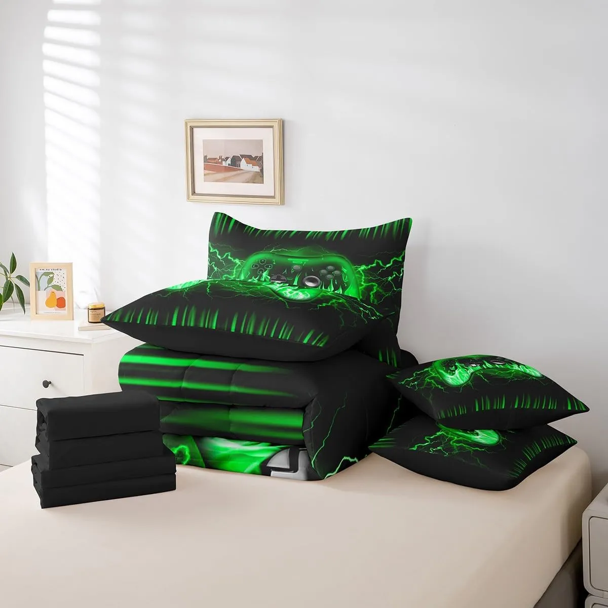 Feelyou Kids Gamer Full 7 Piece Bedding Set,Green and Black Gaming Comforter Set with Sheets,Teens Boys Bedroom Room Decor,Game Contoller Ombre Bed in a Bag,Geometric Lightnings Fire Bed Set