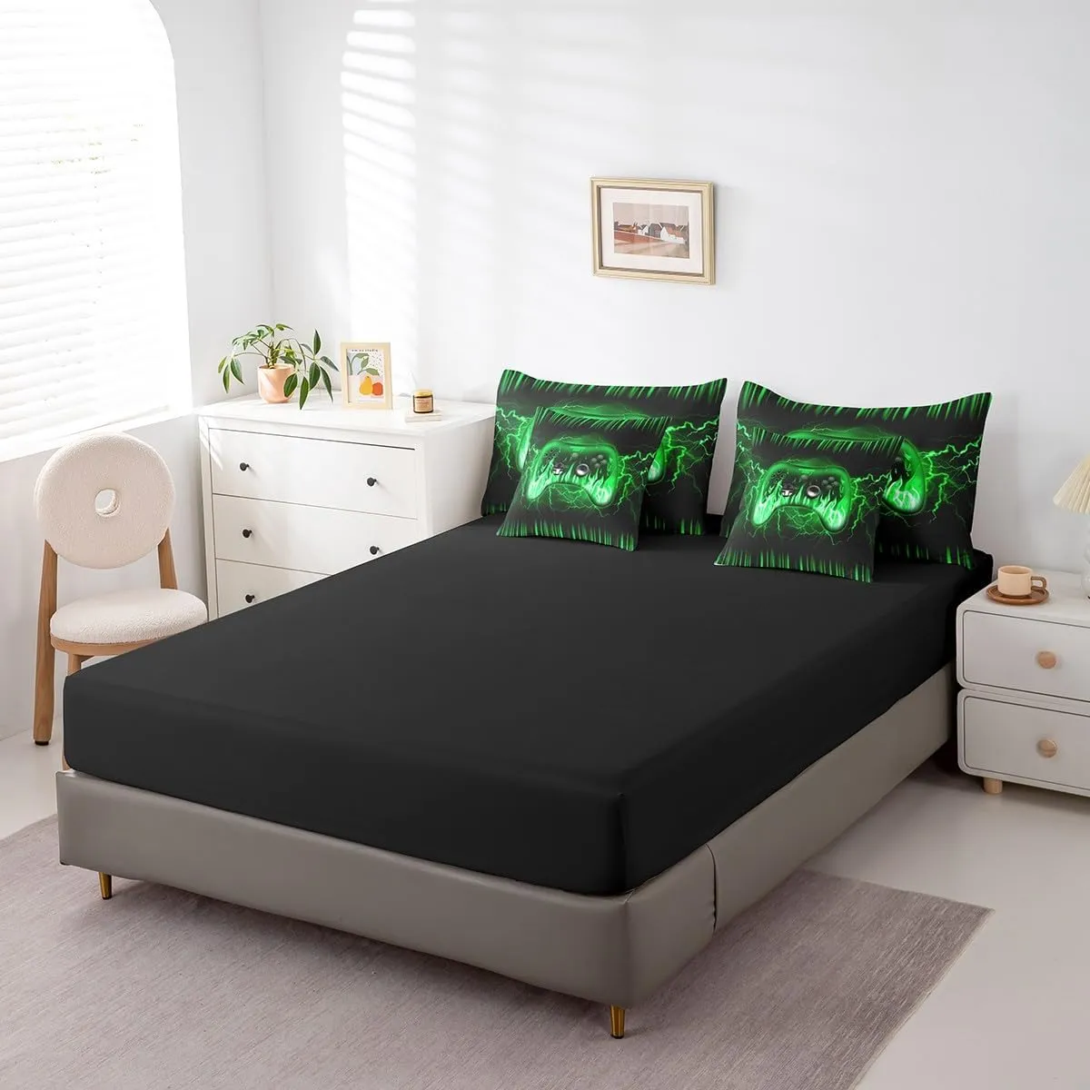 Feelyou Kids Gamer Full 7 Piece Bedding Set,Green and Black Gaming Comforter Set with Sheets,Teens Boys Bedroom Room Decor,Game Contoller Ombre Bed in a Bag,Geometric Lightnings Fire Bed Set