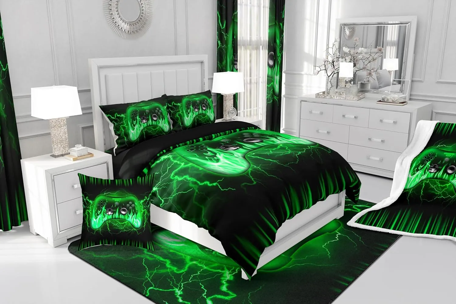 Feelyou Kids Gamer Full 7 Piece Bedding Set,Green and Black Gaming Comforter Set with Sheets,Teens Boys Bedroom Room Decor,Game Contoller Ombre Bed in a Bag,Geometric Lightnings Fire Bed Set