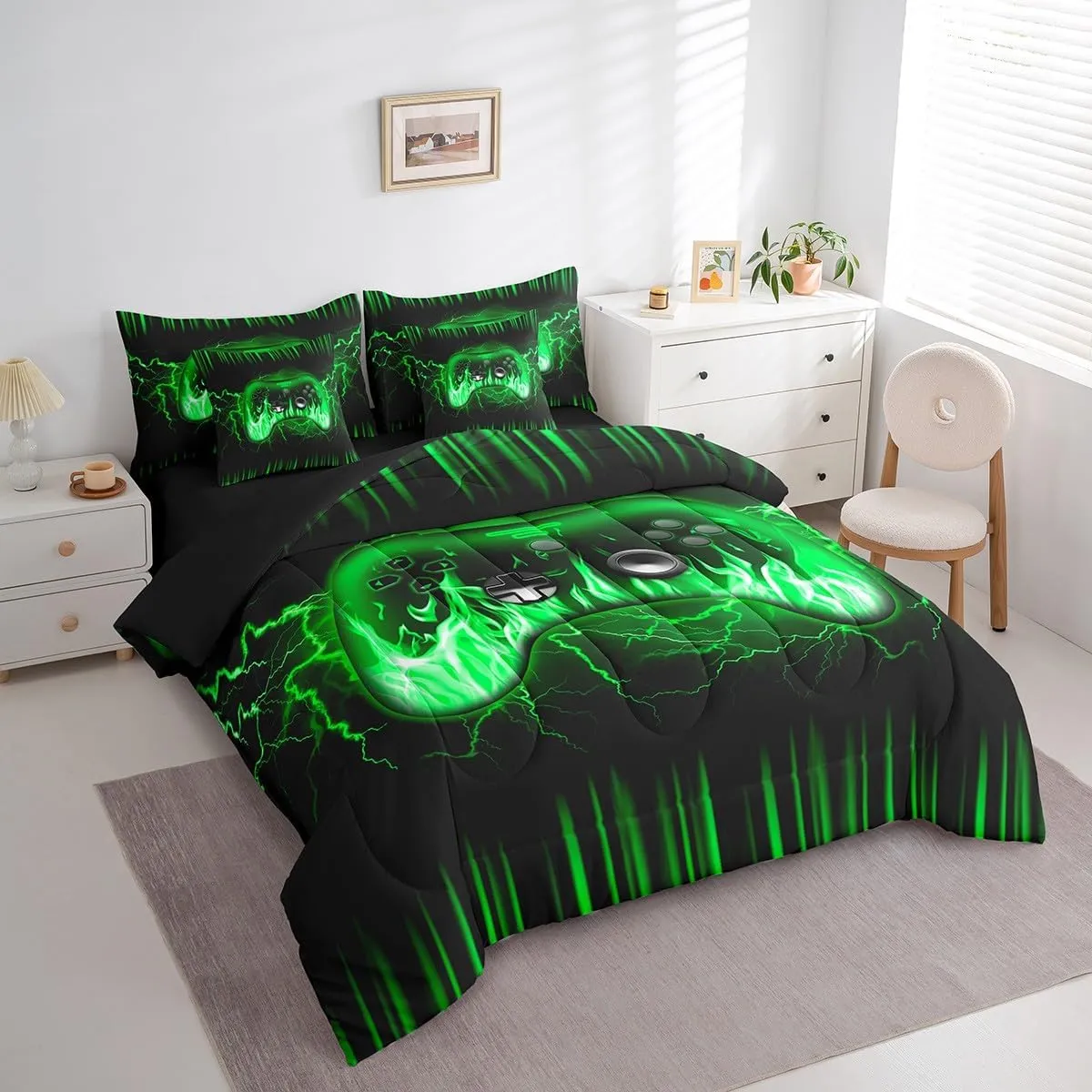 Feelyou Kids Gamer Full 7 Piece Bedding Set,Green and Black Gaming Comforter Set with Sheets,Teens Boys Bedroom Room Decor,Game Contoller Ombre Bed in a Bag,Geometric Lightnings Fire Bed Set