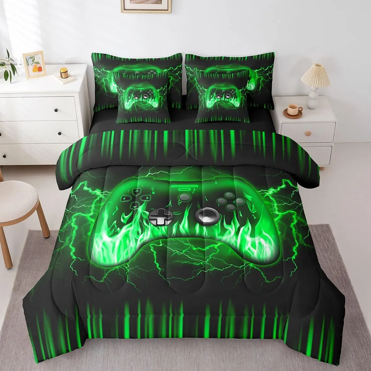 Feelyou Kids Gamer Full 7 Piece Bedding Set,Green and Black Gaming Comforter Set with Sheets,Teens Boys Bedroom Room Decor,Game Contoller Ombre Bed in a Bag,Geometric Lightnings Fire Bed Set