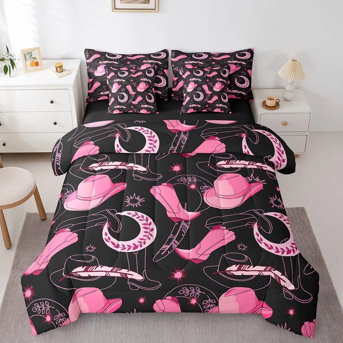 Feelyou Pink Western Cowgirl Comforter Set with Sheets Full Size Kids West Cowboy 7 Pieces Bedding Set for Boys Girls Teens Rodeo Horseshoe Hat Bed in a Bag Grunge Design Bed Set Sun Moon