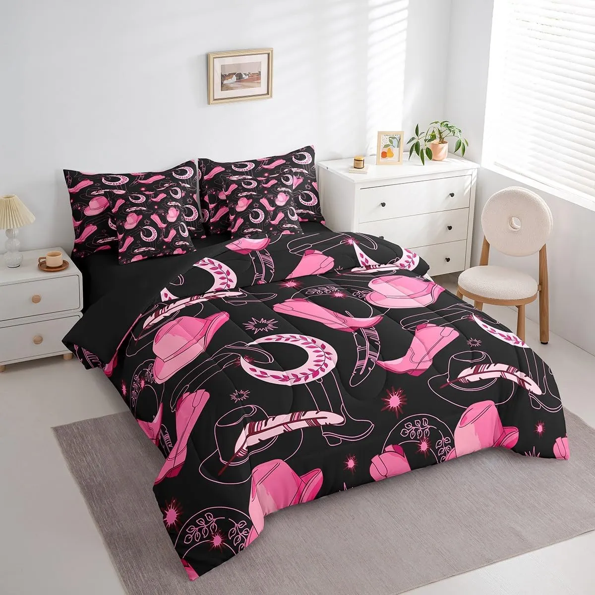 Feelyou Pink Western Cowgirl Comforter Set with Sheets Full Size Kids West Cowboy 7 Pieces Bedding Set for Boys Girls Teens Rodeo Horseshoe Hat Bed in a Bag Grunge Design Bed Set Sun Moon