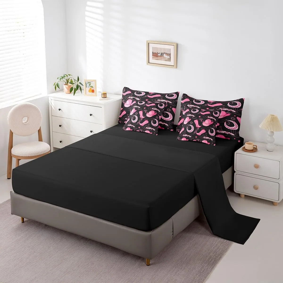 Feelyou Pink Western Cowgirl Comforter Set with Sheets Full Size Kids West Cowboy 7 Pieces Bedding Set for Boys Girls Teens Rodeo Horseshoe Hat Bed in a Bag Grunge Design Bed Set Sun Moon