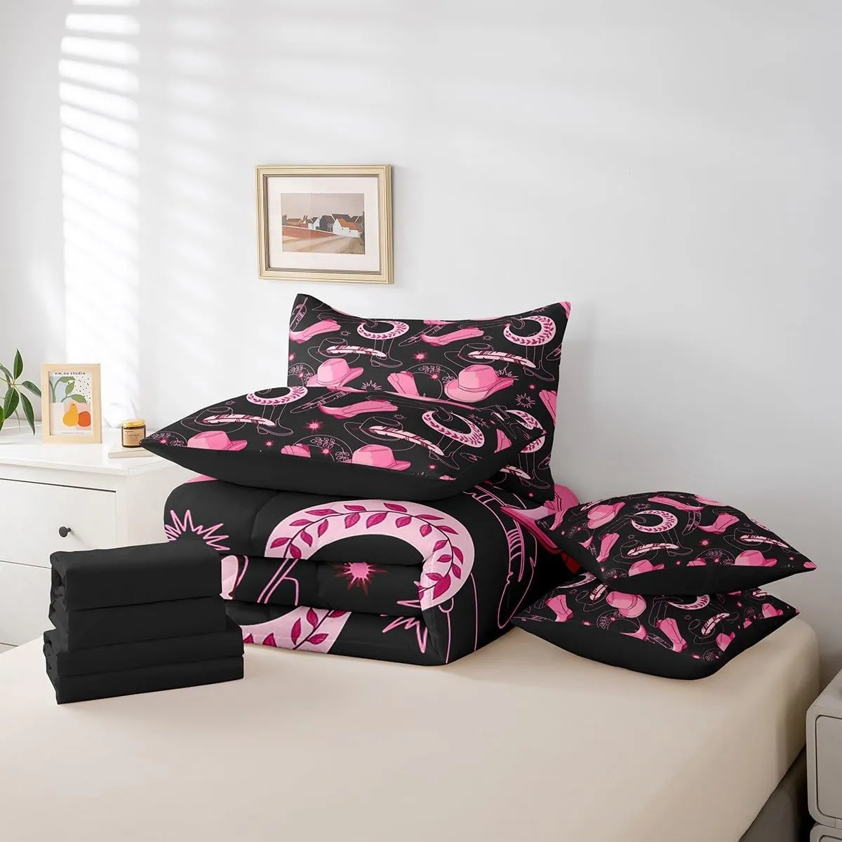 Feelyou Pink Western Cowgirl Comforter Set with Sheets Full Size Kids West Cowboy 7 Pieces Bedding Set for Boys Girls Teens Rodeo Horseshoe Hat Bed in a Bag Grunge Design Bed Set Sun Moon