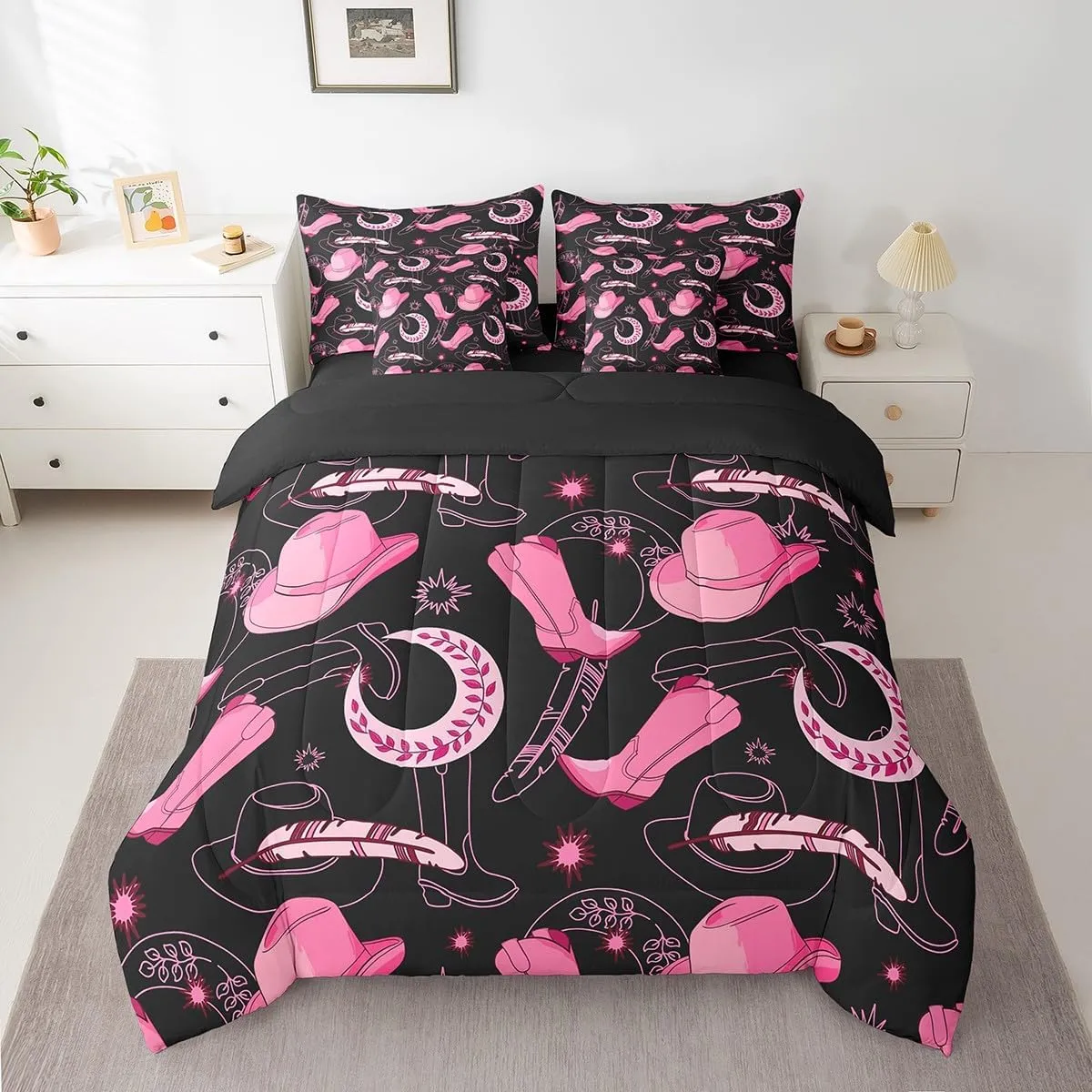 Feelyou Pink Western Cowgirl Comforter Set with Sheets Full Size Kids West Cowboy 7 Pieces Bedding Set for Boys Girls Teens Rodeo Horseshoe Hat Bed in a Bag Grunge Design Bed Set Sun Moon