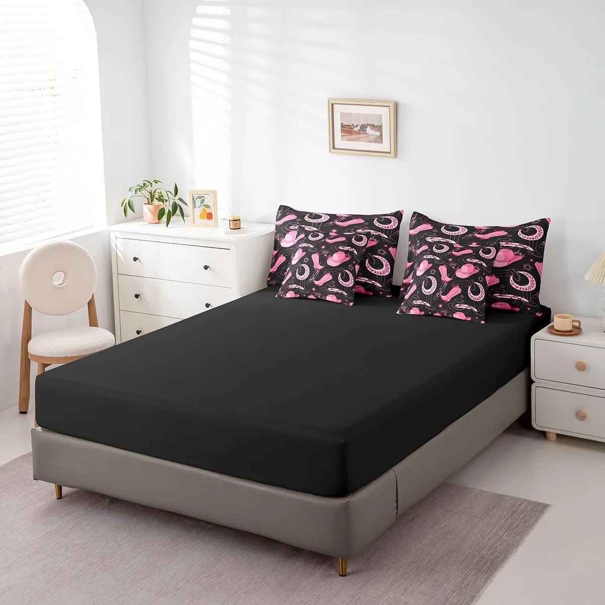 Feelyou Pink Western Cowgirl Comforter Set with Sheets Full Size Kids West Cowboy 7 Pieces Bedding Set for Boys Girls Teens Rodeo Horseshoe Hat Bed in a Bag Grunge Design Bed Set Sun Moon