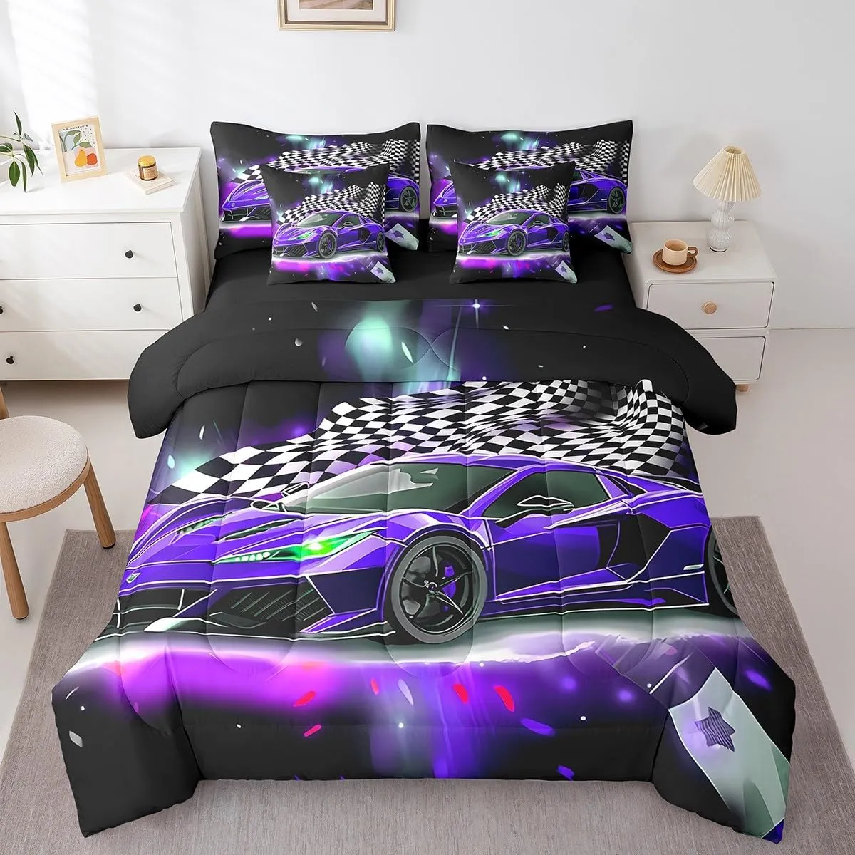 Feelyou Purple Racing Car 7 Piece Bedding Set Full Size Extreme Sport Comforter Set with Sheets for Kids Boys Girls Teens Toddler Fast and Furious Bed in a Bag Black White Flag Bed Set