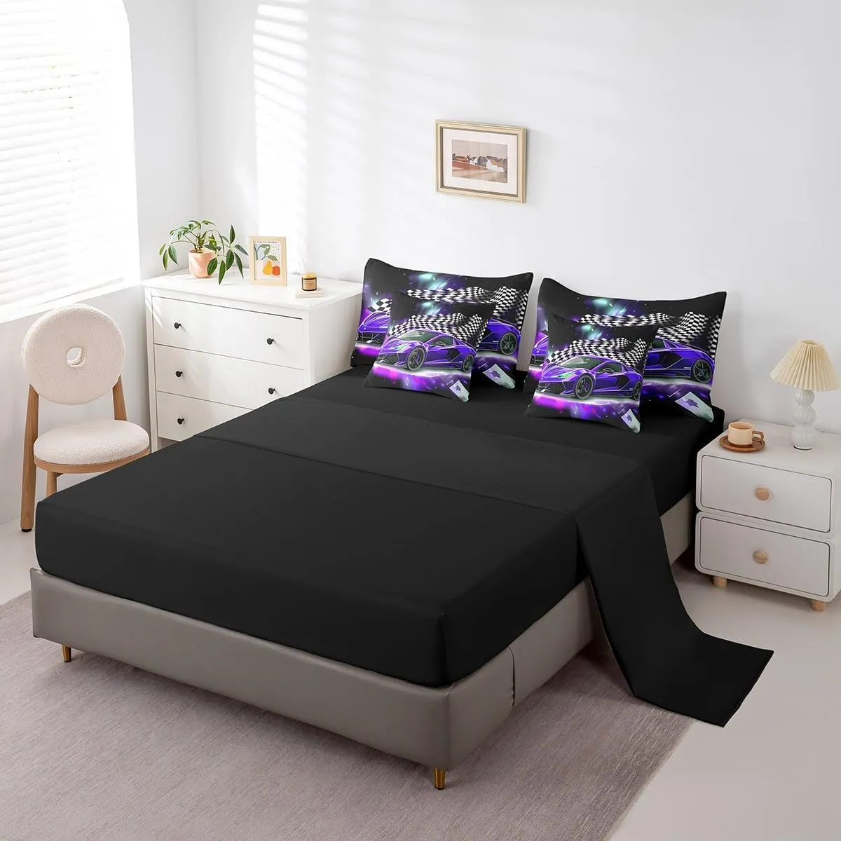 Feelyou Purple Racing Car 7 Piece Bedding Set Full Size Extreme Sport Comforter Set with Sheets for Kids Boys Girls Teens Toddler Fast and Furious Bed in a Bag Black White Flag Bed Set