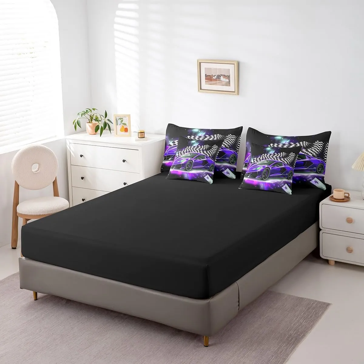 Feelyou Purple Racing Car 7 Piece Bedding Set Full Size Extreme Sport Comforter Set with Sheets for Kids Boys Girls Teens Toddler Fast and Furious Bed in a Bag Black White Flag Bed Set
