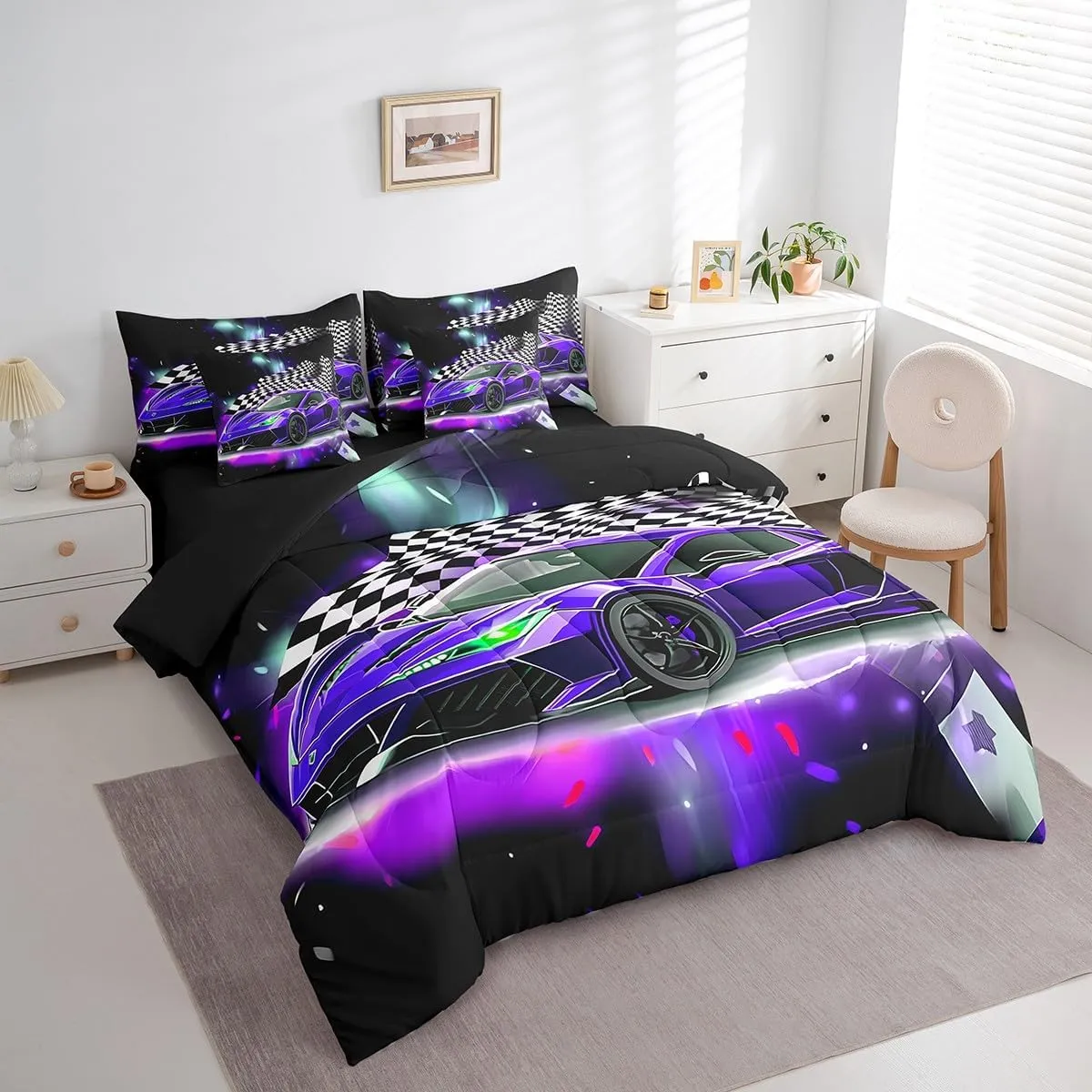 Feelyou Purple Racing Car 7 Piece Bedding Set Full Size Extreme Sport Comforter Set with Sheets for Kids Boys Girls Teens Toddler Fast and Furious Bed in a Bag Black White Flag Bed Set