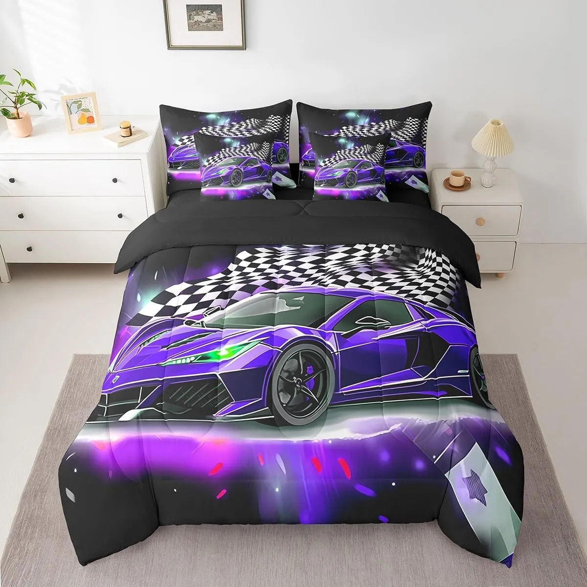 Feelyou Purple Racing Car 7 Piece Bedding Set Full Size Extreme Sport Comforter Set with Sheets for Kids Boys Girls Teens Toddler Fast and Furious Bed in a Bag Black White Flag Bed Set