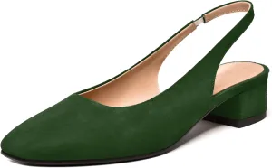 FEMSTEP Womens Dating Sexy Suede Leather Square Toe Slip On Slingback Chunky Low Heel Pumps Shoes 1.5 Inch