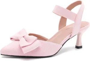fereshte Women's Bow Low Kitten Heels Pumps Elastic Ankle Strap Slip On Slingback Dress Shoes