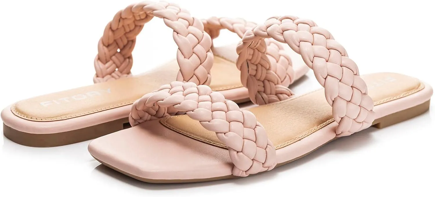 FITORY Womens Flat Sandals Fashion Round Open Toe Slip On Slides with Braided Strap Slippers for Summer Size 6-11